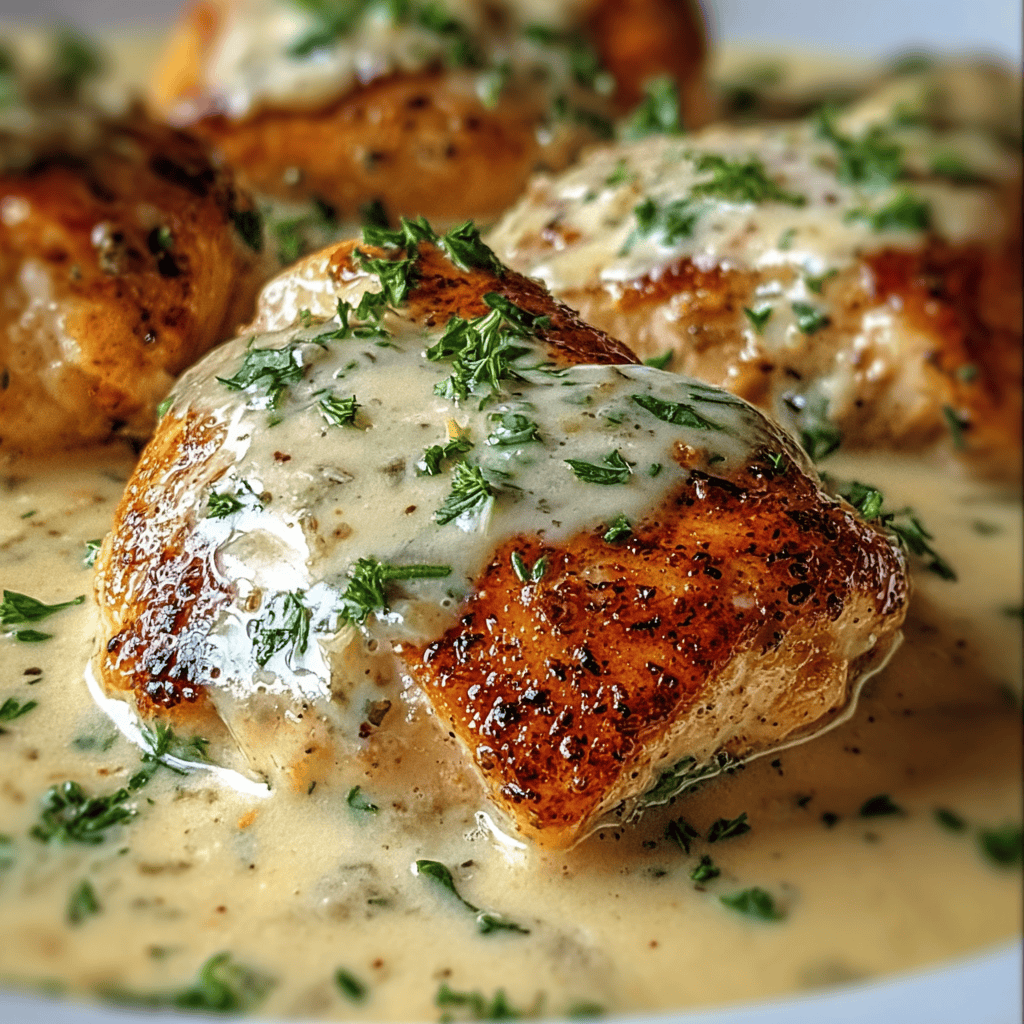 Irresistible Creamy Asiago Chicken Recipe – Easy, Cheesy & Oven-Baked Perfection 4 Close-up of seared chicken breasts in creamy Asiago cheese sauce, topped with chopped parsley – creamy Asiago chicken recipe