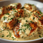 Irresistible Creamy Asiago Chicken Recipe – Easy, Cheesy & Oven-Baked Perfection 5 Golden seared chicken breasts in creamy Asiago cheese sauce garnished with parsley – creamy Asiago chicken recipe
