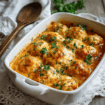 Tomato Soup with Cheddar Bay Dumplings (Cozy & Cheesy Comfort in a Bowl) 5 Close-up of creamy tomato soup with Cheddar Bay dumplings, golden and cheesy, garnished with fresh parsley in a white baking dish