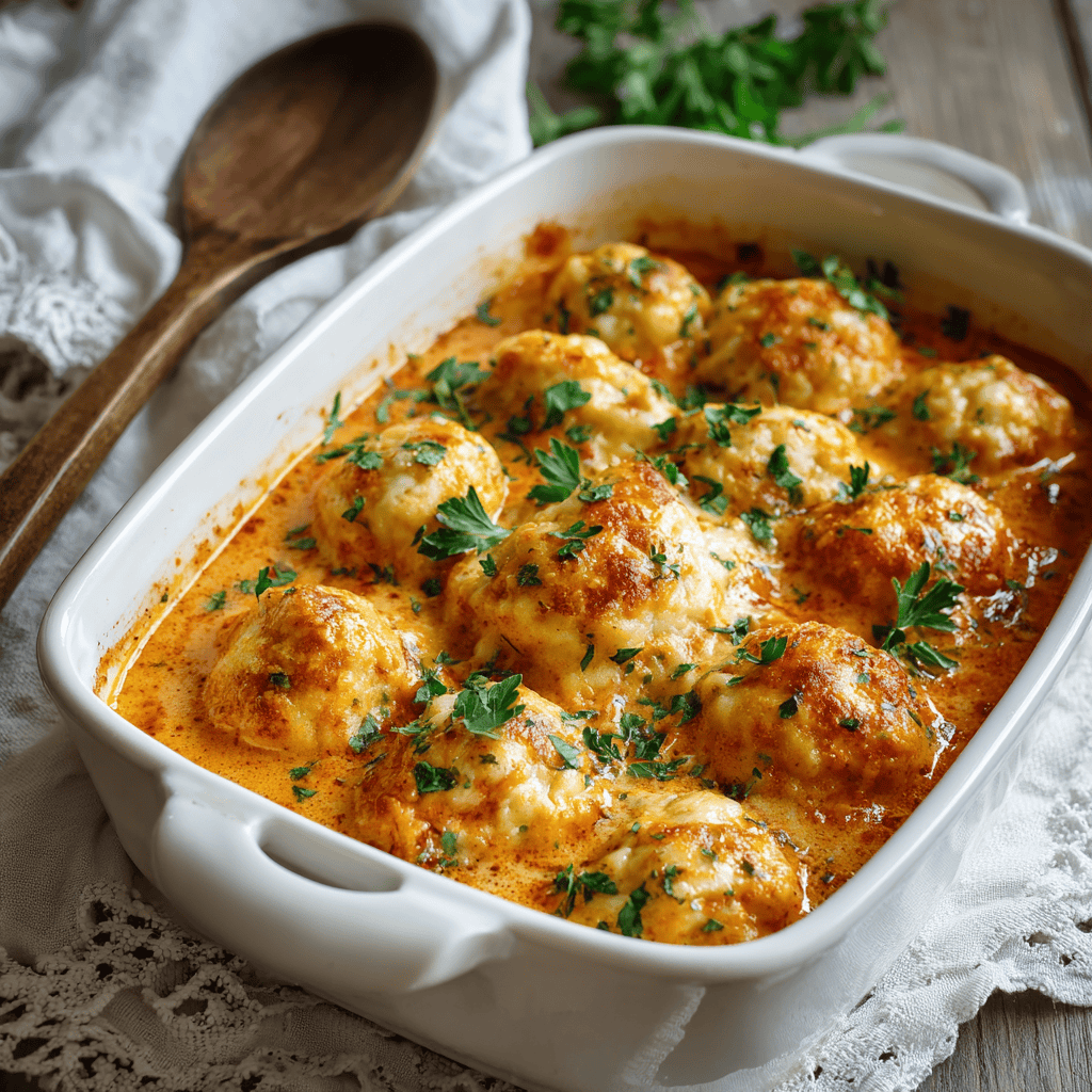 Tomato Soup with Cheddar Bay Dumplings (Cozy & Cheesy Comfort in a Bowl) 3 Close-up of creamy tomato soup with Cheddar Bay dumplings, golden and cheesy, garnished with fresh parsley in a white baking dish