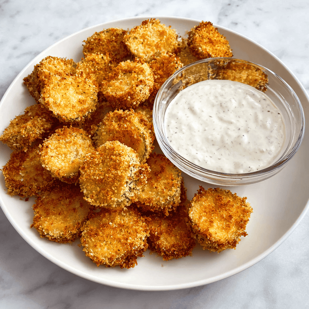 Air Fryer Fried Pickles: The Ultimate Crispy Snack Without the Guilt 4 Golden brown air fryer fried pickles on a white plate with creamy ranch dipping sauce