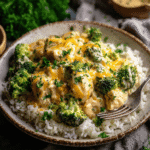 Crockpot Creamy Broccoli Cheddar Chicken: Cozy, Cheesy, and Effortless 7 Bowl of Crockpot Creamy Broccoli Cheddar Chicken served over white rice, topped with melted cheddar and fresh parsley.