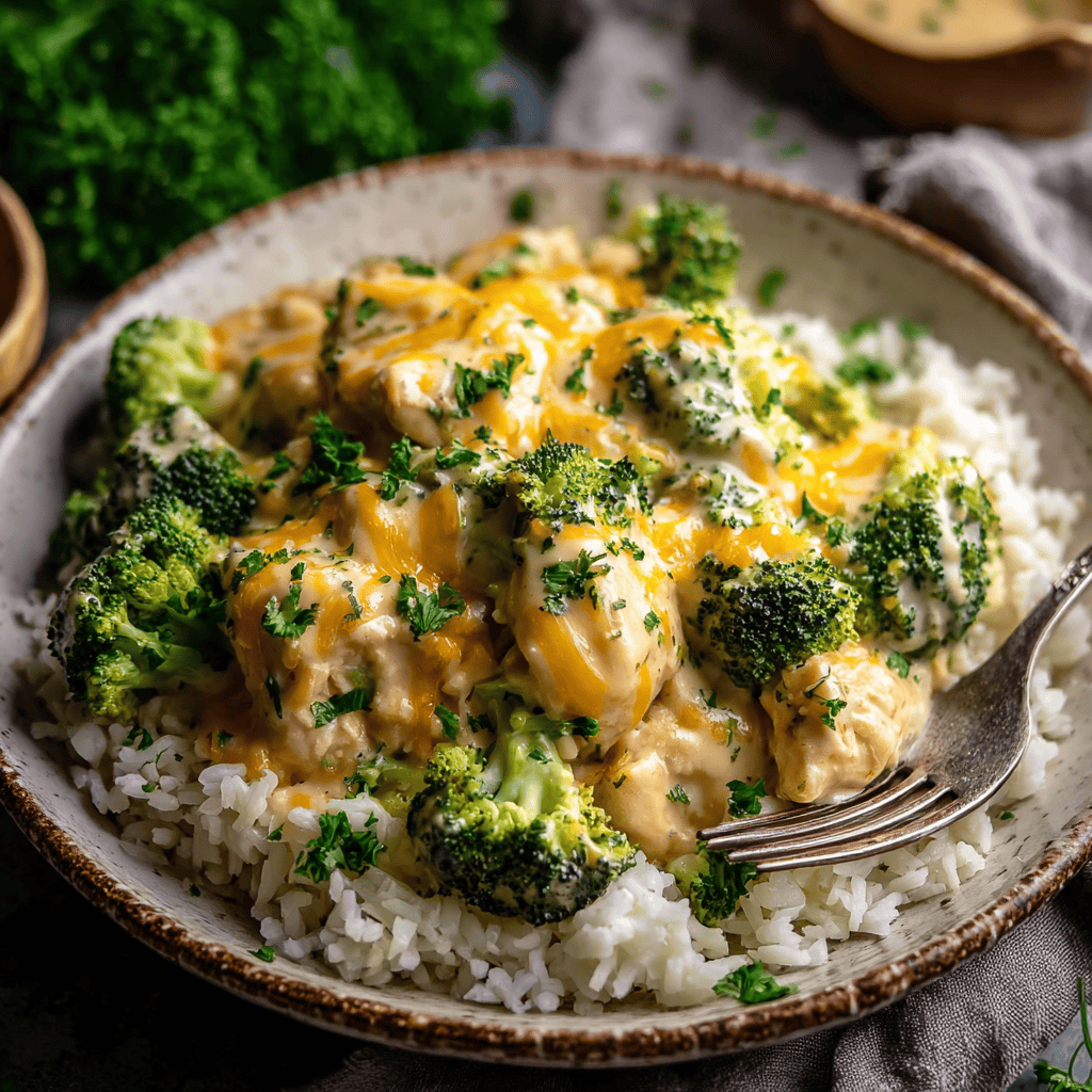 Crockpot Creamy Broccoli Cheddar Chicken: Cozy, Cheesy, and Effortless 4 Bowl of Crockpot Creamy Broccoli Cheddar Chicken served over white rice, topped with melted cheddar and fresh parsley.