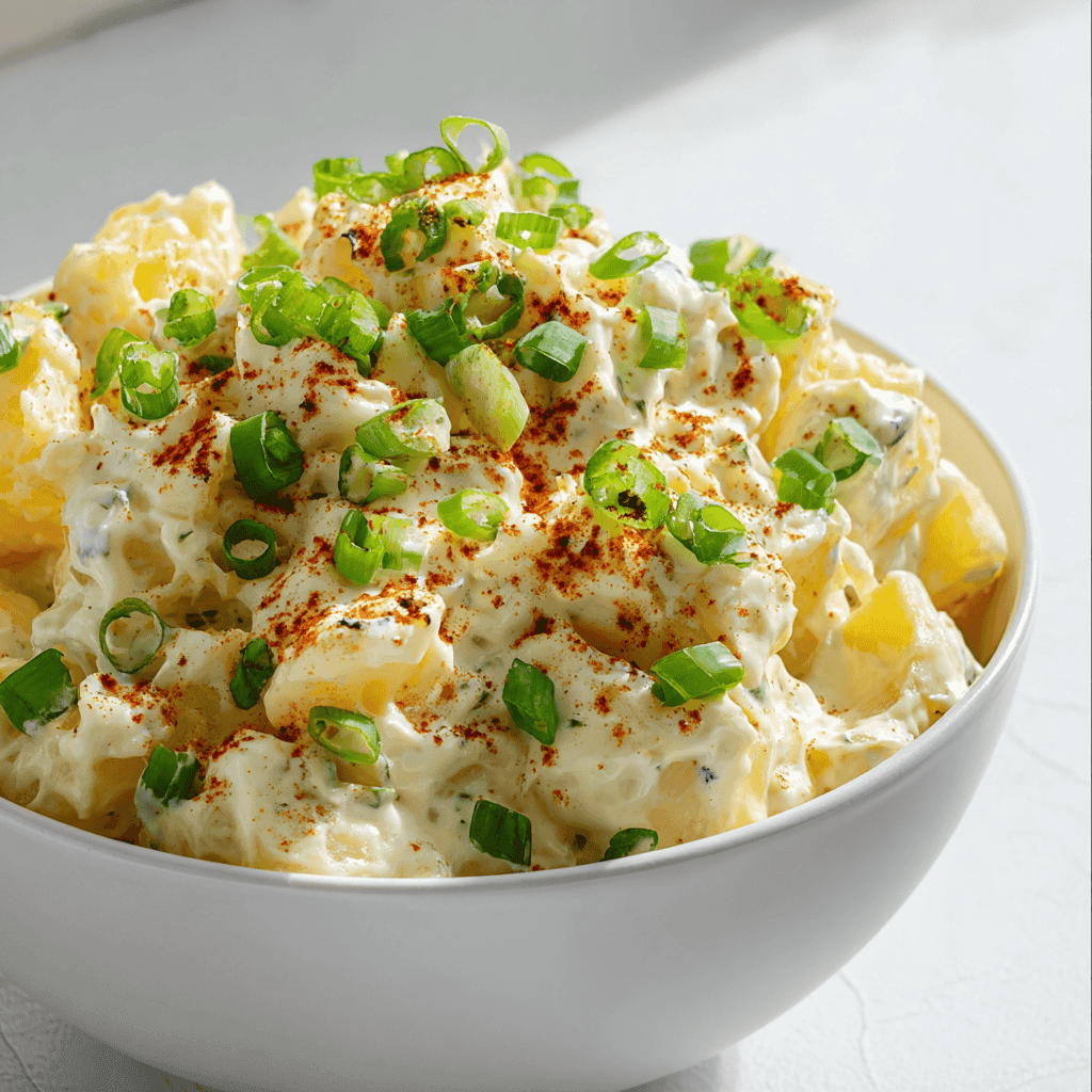 Best Creamy Potato Salad Recipe for BBQs and Picnics 5 Close-up of creamy potato salad with diced potatoes, green onions, and paprika in a white bowl