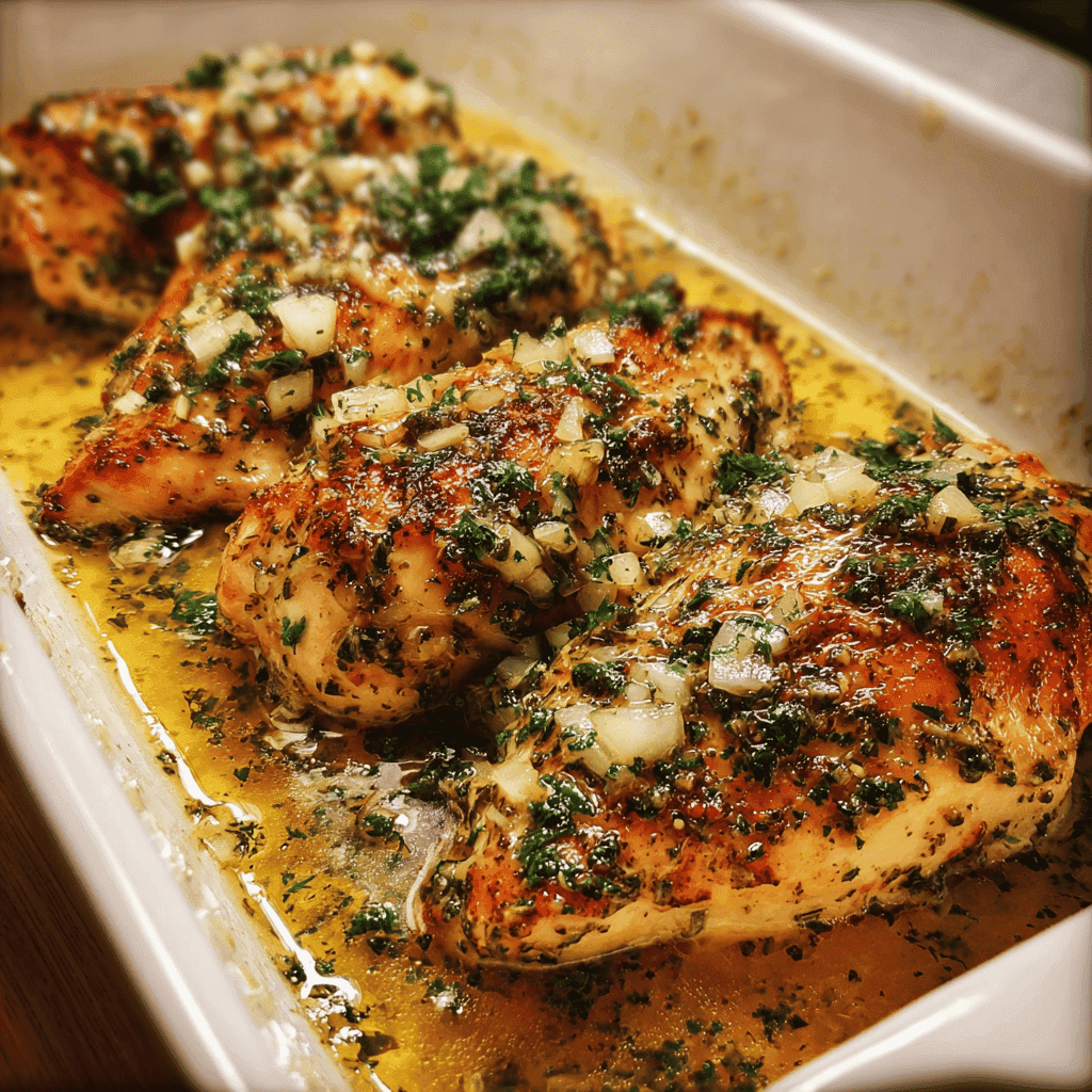 Juicy Garlic Butter Baked Chicken Breast in Under 30 Minutes 3 Close-up of juicy garlic butter baked chicken breast topped with chopped parsley and onions in a golden garlic butter sauce.
