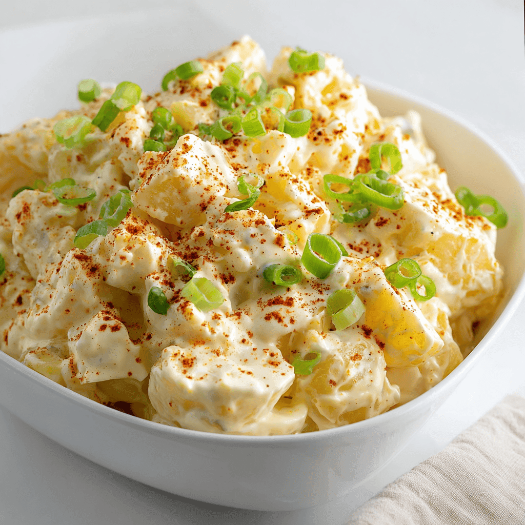 Best Creamy Potato Salad Recipe for BBQs and Picnics 6 Creamy potato salad served in a white bowl, topped with fresh chopped herbs and paprika