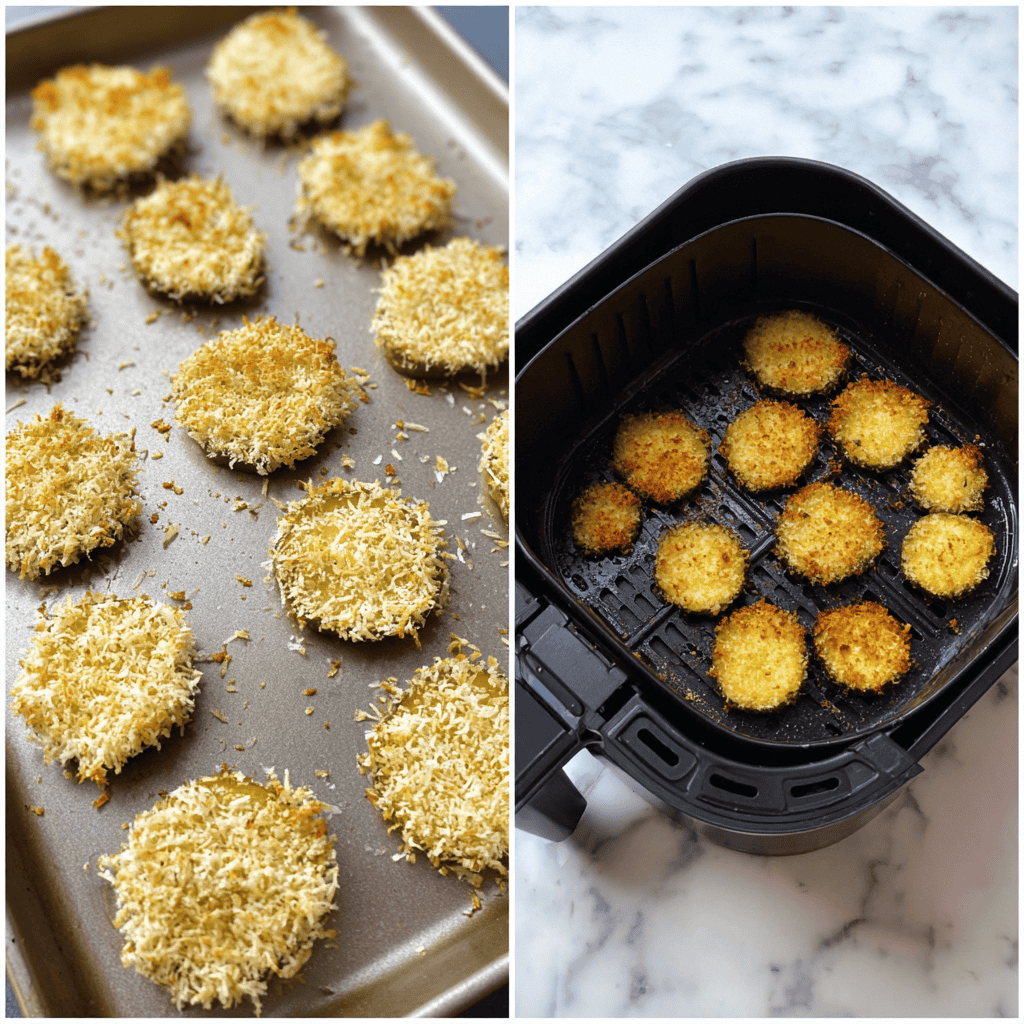 Air Fryer Fried Pickles: The Ultimate Crispy Snack Without the Guilt 6 Side-by-side view of breaded pickles on a tray and cooked crispy air fryer fried pickles inside the air fryer basket
