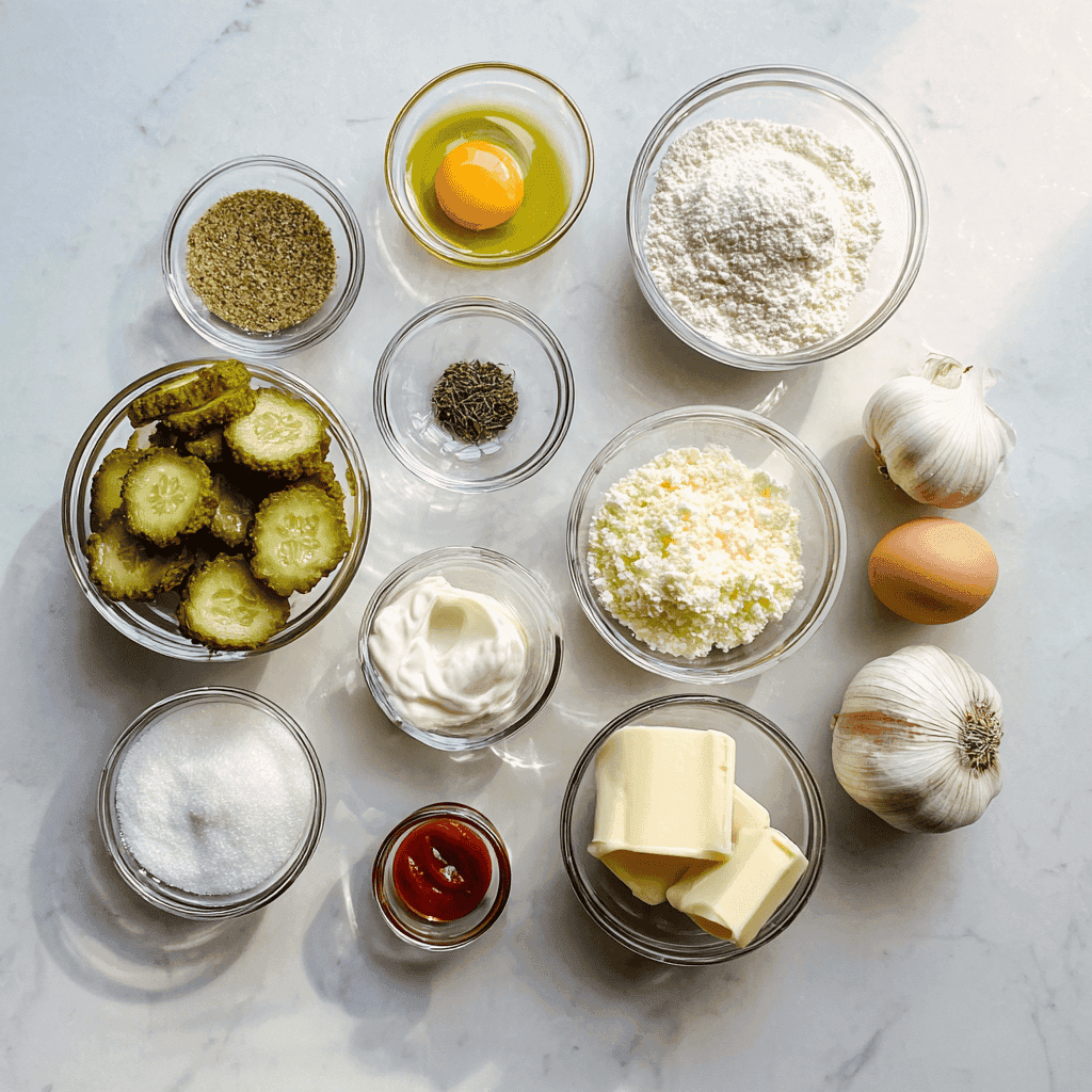 Air Fryer Fried Pickles: The Ultimate Crispy Snack Without the Guilt 5 Bowls of ingredients including pickles, flour, eggs, breadcrumbs, and seasonings for air fryer fried pickles