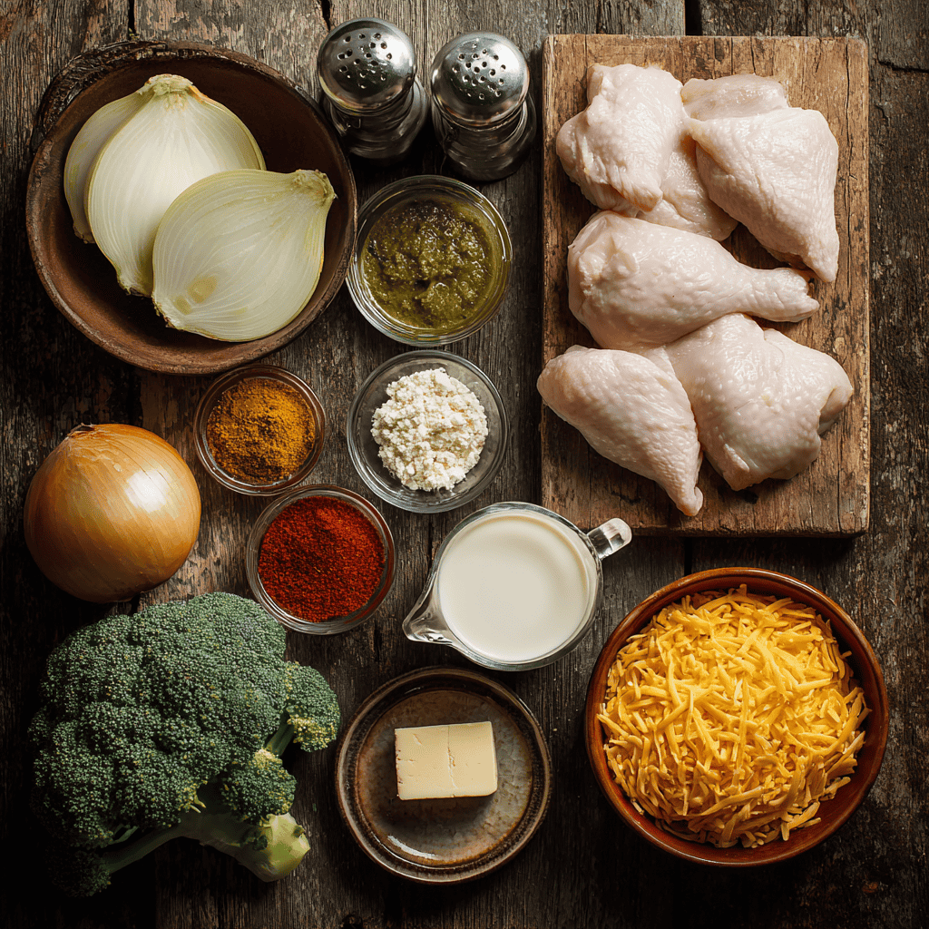 Crockpot Creamy Broccoli Cheddar Chicken: Cozy, Cheesy, and Effortless 5 Flat lay of ingredients for Crockpot Creamy Broccoli Cheddar Chicken including onion, raw chicken, broccoli, milk, spices, and cheese.