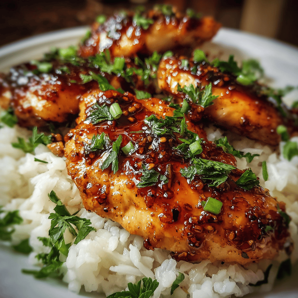 Honey Garlic Chicken Breasts: A Sweet & Savory Weeknight Favorite 3 Close-up of honey garlic chicken breasts served over fluffy white rice, topped with chopped parsley and a sticky garlic glaze.