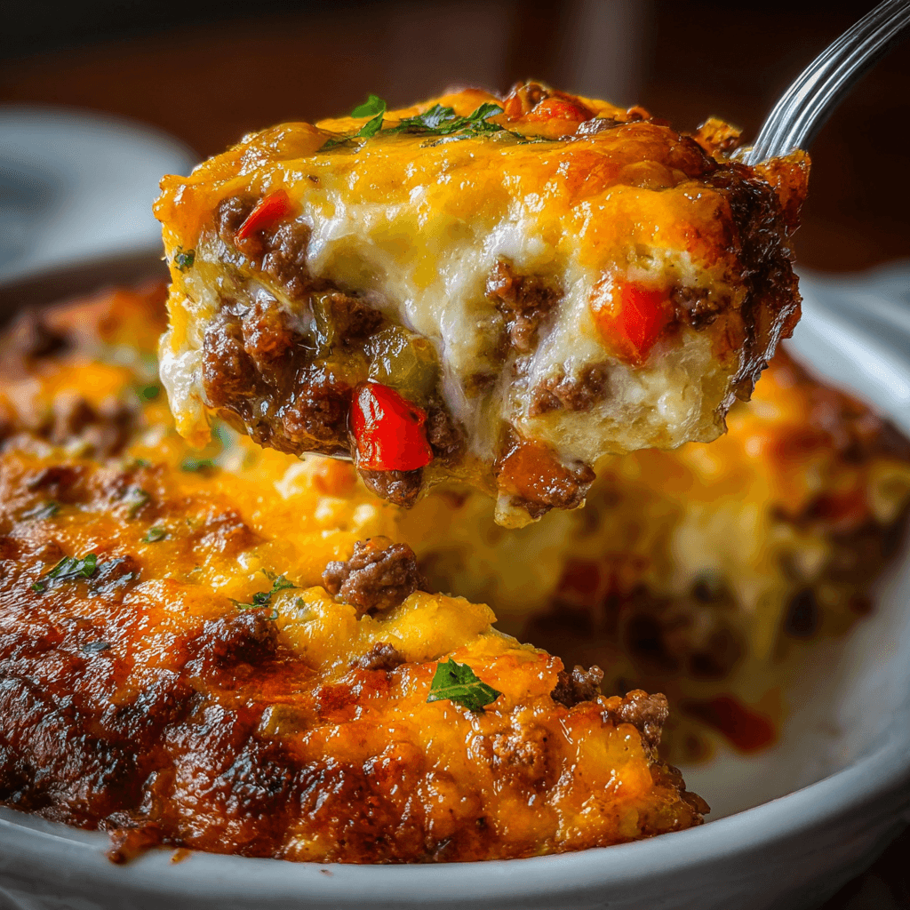 Easy Low Carb Cheesesteak Casserole – One Skillet Keto Favorite 3 A spoonful of Low Carb Philly Cheesesteak Casserole showing layers of melted provolone, beef, and colorful peppers fresh out of the oven.