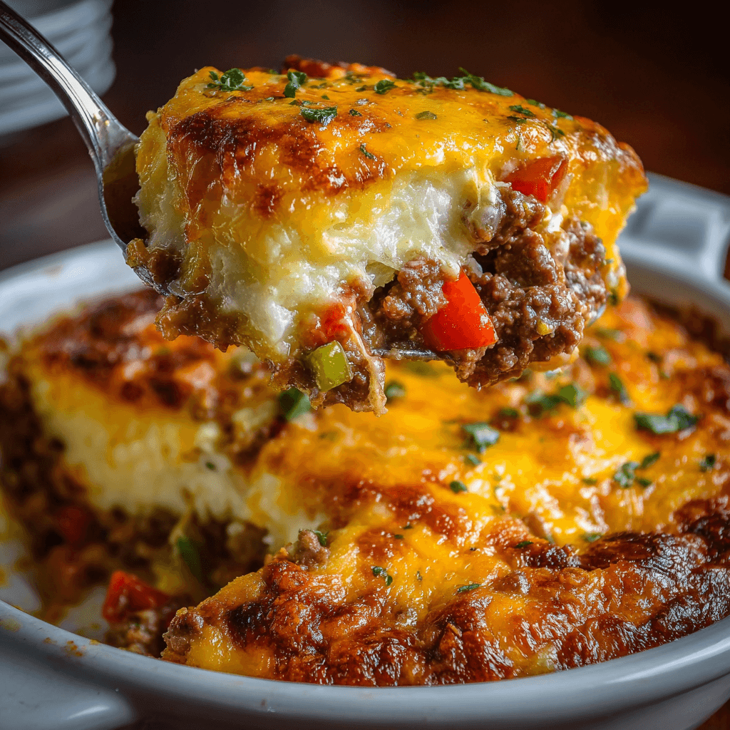 Easy Low Carb Cheesesteak Casserole – One Skillet Keto Favorite 4 Close-up of a cheesy serving of Low Carb Philly Cheesesteak Casserole with ground beef, bell peppers, and melted cheese in a white baking dish.