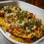Juicy Garlic Butter Baked Chicken Breast in Under 30 Minutes 5 Garlic butter baked chicken breasts in a white baking dish, garnished with fresh herbs and diced onions in a buttery garlic sauce.