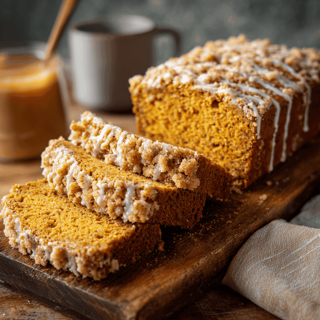 Pumpkin Bread with Fresh Florida Orange Juice: A Zesty Autumn Delight 4 Slices of pumpkin bread with fresh Florida orange juice and crumbly streusel topping, served with coffee on a rustic wooden board.