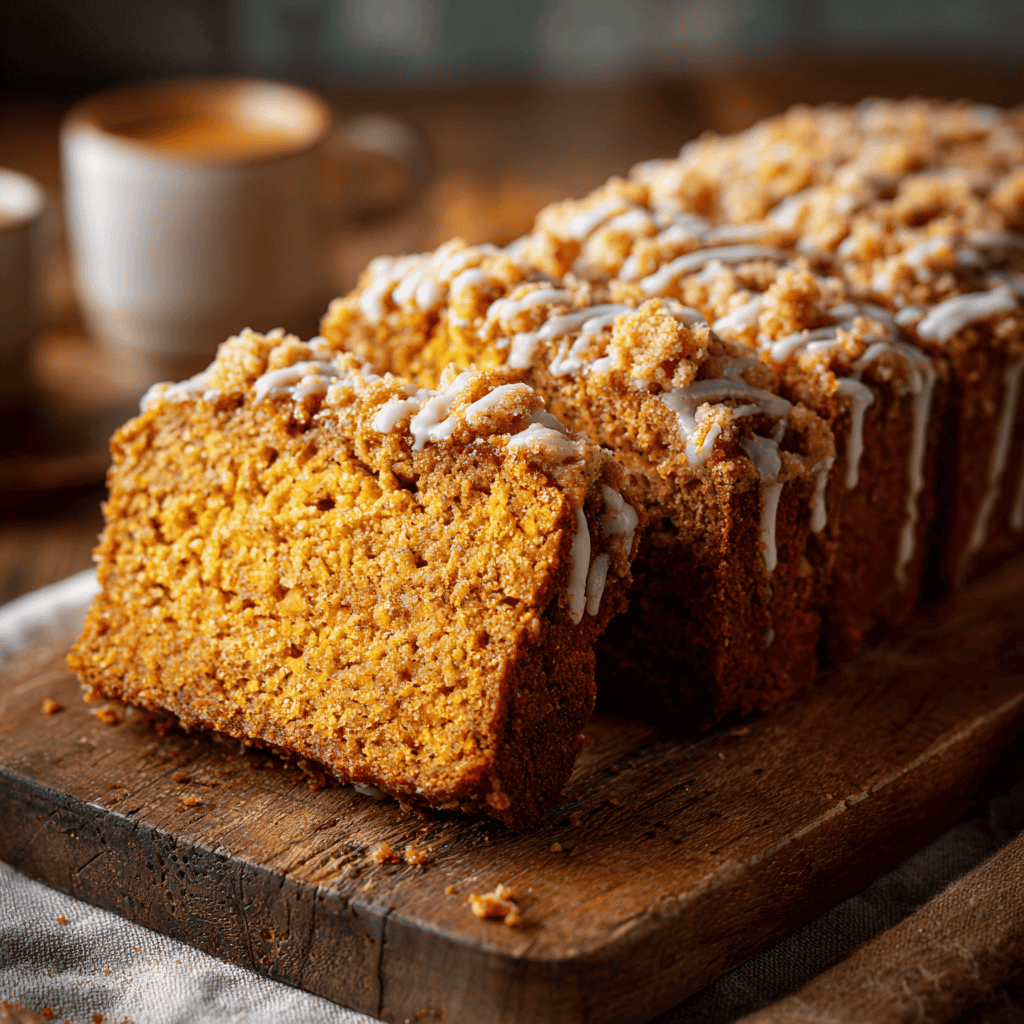 Pumpkin Bread with Fresh Florida Orange Juice: A Zesty Autumn Delight 3 Close-up of sliced pumpkin bread with fresh Florida orange juice, topped with streusel and a drizzle of glaze on a wooden cutting board.