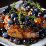 Easy Blueberry Thyme Chicken with Balsamic Glaze 5 Close-up of Blueberry Thyme Chicken garnished with thyme and coated in a thick blueberry glaze on a white plate