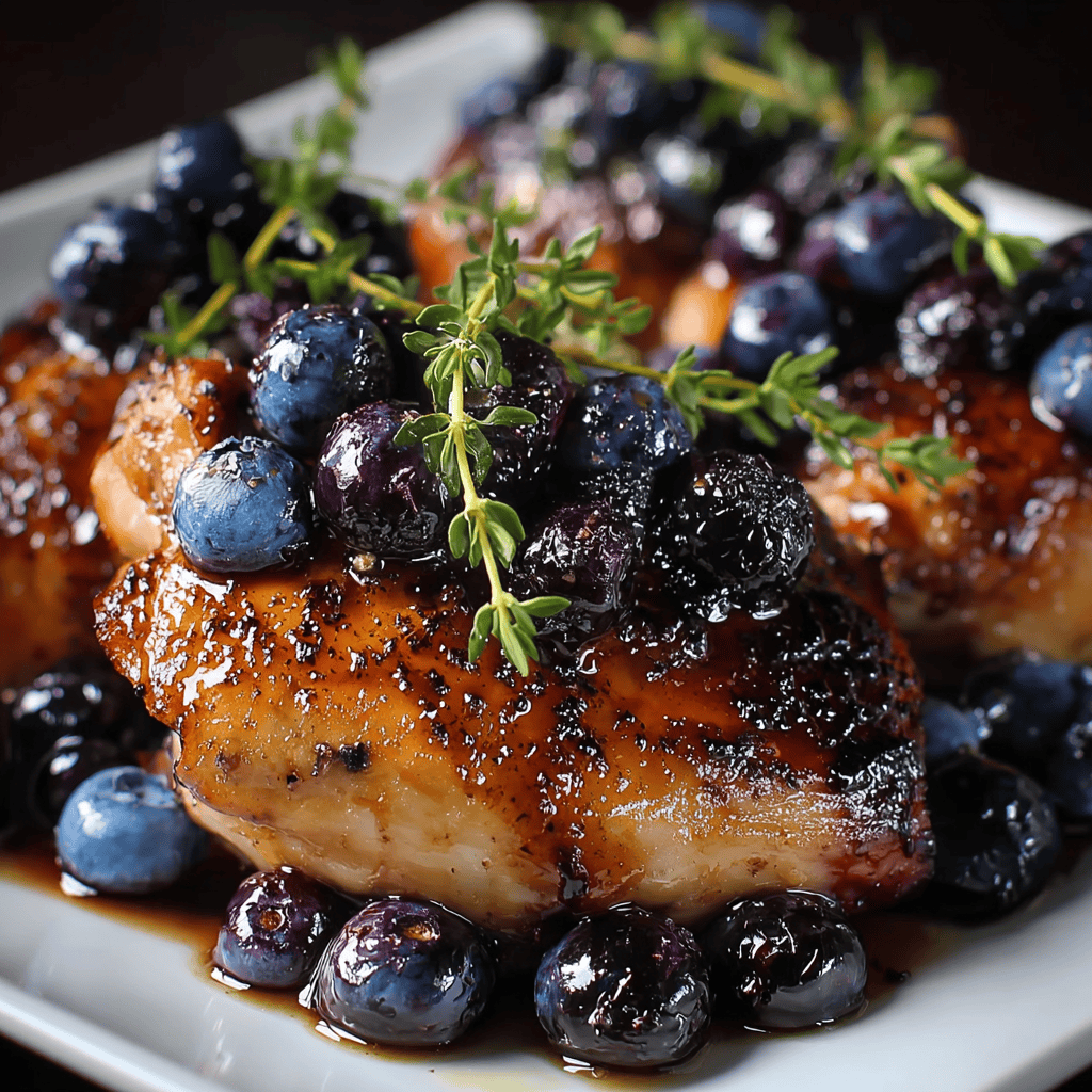 Close-up of Blueberry Thyme Chicken garnished with thyme and coated in a thick blueberry glaze on a white plate