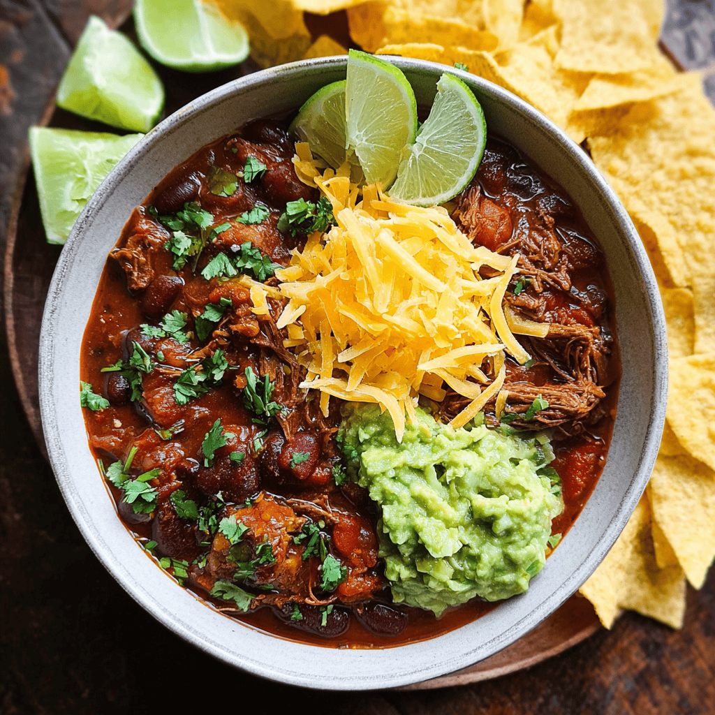 Bowl of slow cooker chipotle chicken chili topped with shredded cheddar cheese, guacamole, fresh cilantro, and lime wedges, served with tortilla chips