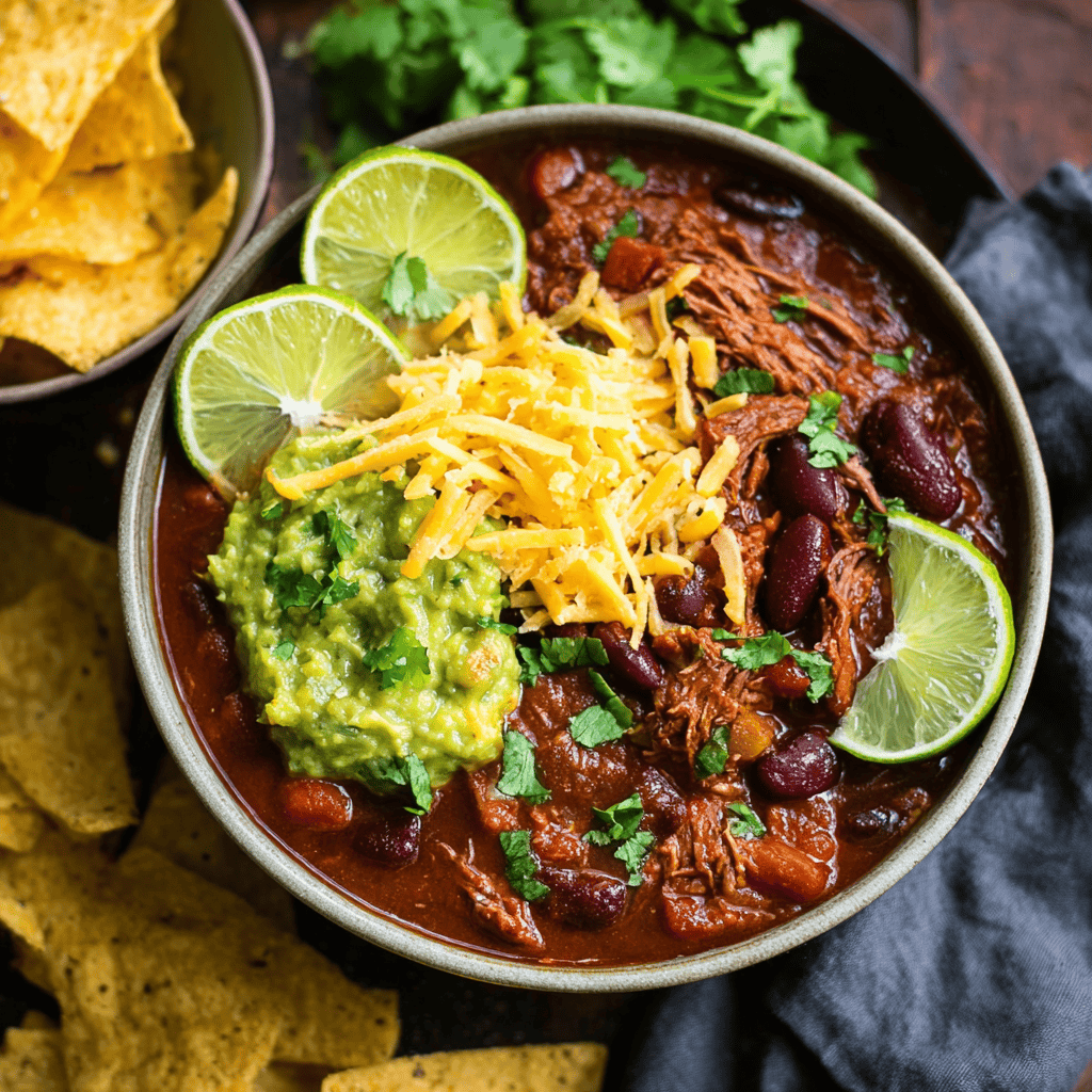 Slow Cooker Chipotle Chicken Chili: A Smoky, Spicy, & Comforting Classic 4 Hearty slow cooker chipotle chicken chili featuring kidney beans, guacamole, cheddar cheese, cilantro, and lime slices in a ceramic bowl with tortilla chips