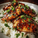 Honey Garlic Chicken Breasts: A Sweet & Savory Weeknight Favorite 5 Golden honey garlic chicken breasts with a glossy glaze, served on a bed of white rice and garnished with green onions and parsley.