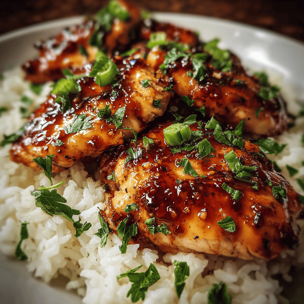 Honey Garlic Chicken Breasts: A Sweet & Savory Weeknight Favorite 4 Golden honey garlic chicken breasts with a glossy glaze, served on a bed of white rice and garnished with green onions and parsley.