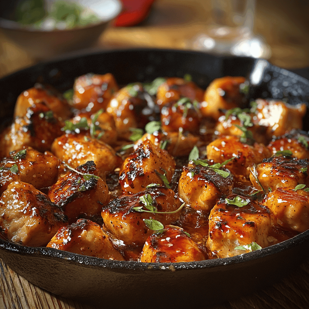 Rich & Buttery Texas Roadhouse Chicken Skillet Recipe (Ready in 30 Minutes) 6 Close-up of juicy, golden-brown chicken pieces glazed in buttery garlic sauce in a cast iron skillet — Texas Roadhouse Butter Chicken Skillet.