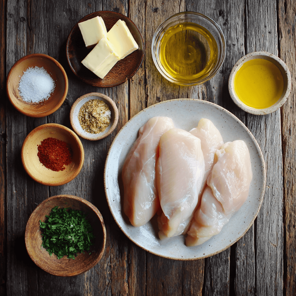 Rich & Buttery Texas Roadhouse Chicken Skillet Recipe (Ready in 30 Minutes) 5 Ingredients for Texas Roadhouse Butter Chicken Skillet, including raw chicken breasts, butter, olive oil, smoked paprika, garlic powder, and herbs.