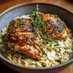 Slow Cooker Parmesan Herb Chicken Orzo 5 A bowl of Slow Cooker Parmesan Herb Chicken Orzo featuring crispy herb-seasoned chicken thighs on top of creamy orzo pasta, garnished with fresh thyme