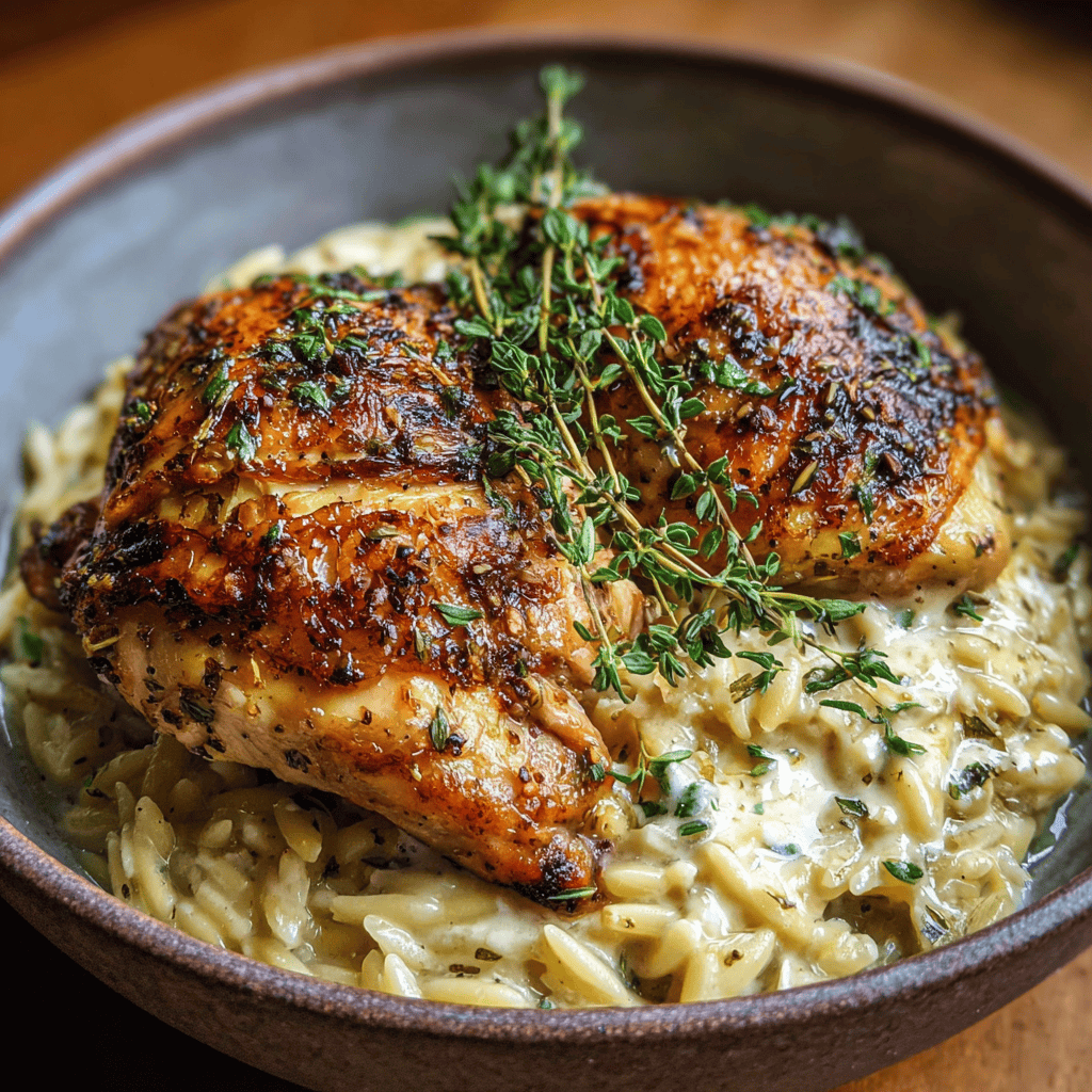 A bowl of Slow Cooker Parmesan Herb Chicken Orzo featuring crispy herb-seasoned chicken thighs on top of creamy orzo pasta, garnished with fresh thyme