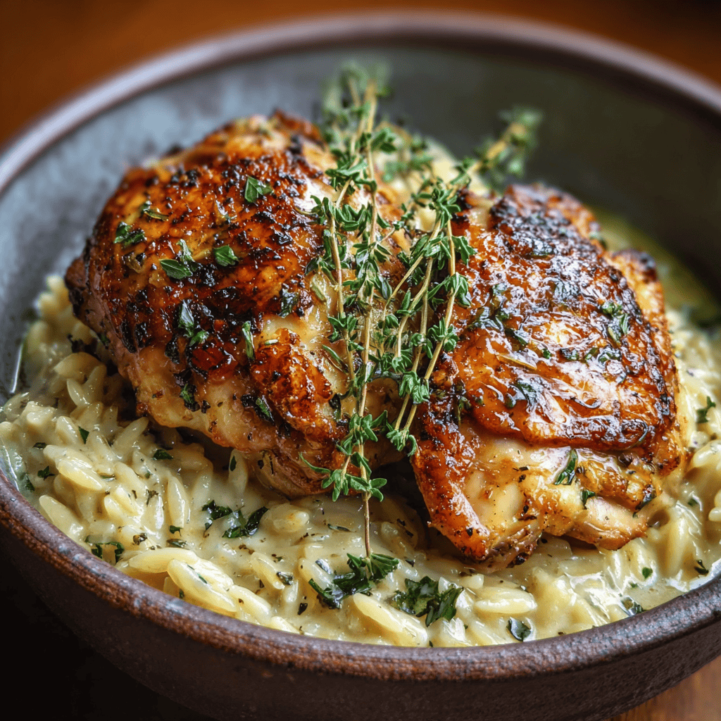Slow Cooker Parmesan Herb Chicken Orzo 4 Close-up of Slow Cooker Parmesan Herb Chicken Orzo served in a rustic bowl with golden-brown chicken thighs and fresh thyme sprigs on creamy orzo