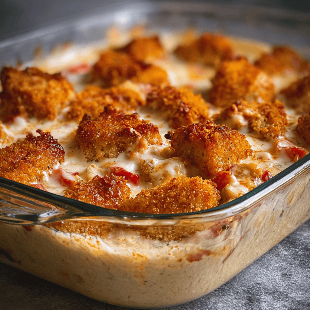 Cottage Cheese Chicken: A High-Protein, Creamy & Healthy Dinner Idea 4 Close-up of creamy cottage cheese chicken casserole topped with crispy golden breadcrumbs in a glass baking dish