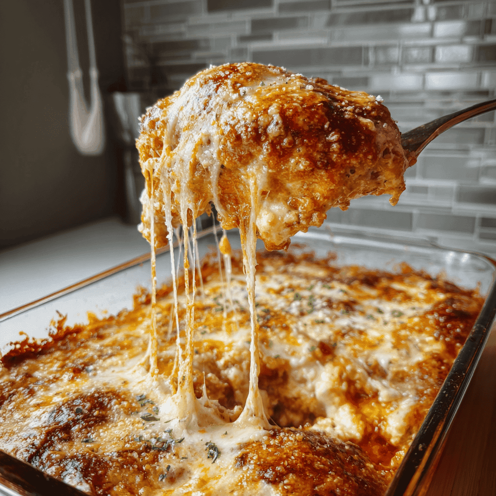 Spoon lifting a portion of baked cottage cheese chicken with melted mozzarella cheese stretching from the dish