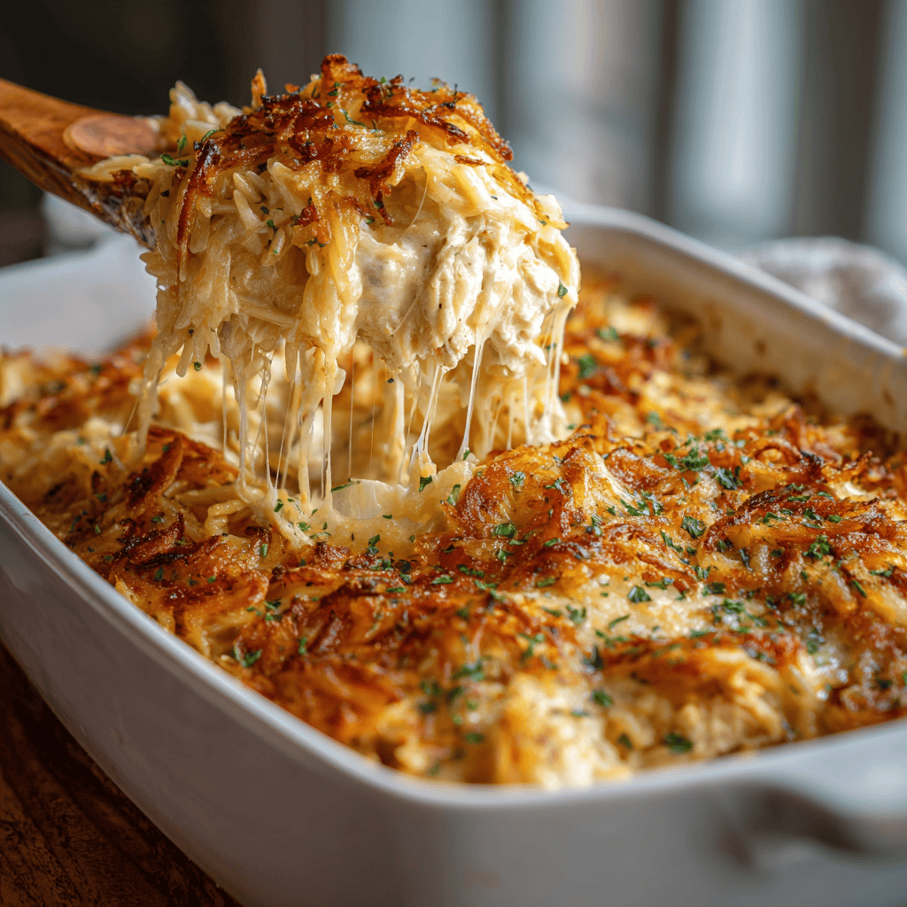 French Onion Chicken Orzo Bake: The Ultimate Cozy Casserole Recipe 4 Hot and cheesy French Onion Chicken Orzo Bake with golden topping, being scooped out with a wooden spoon