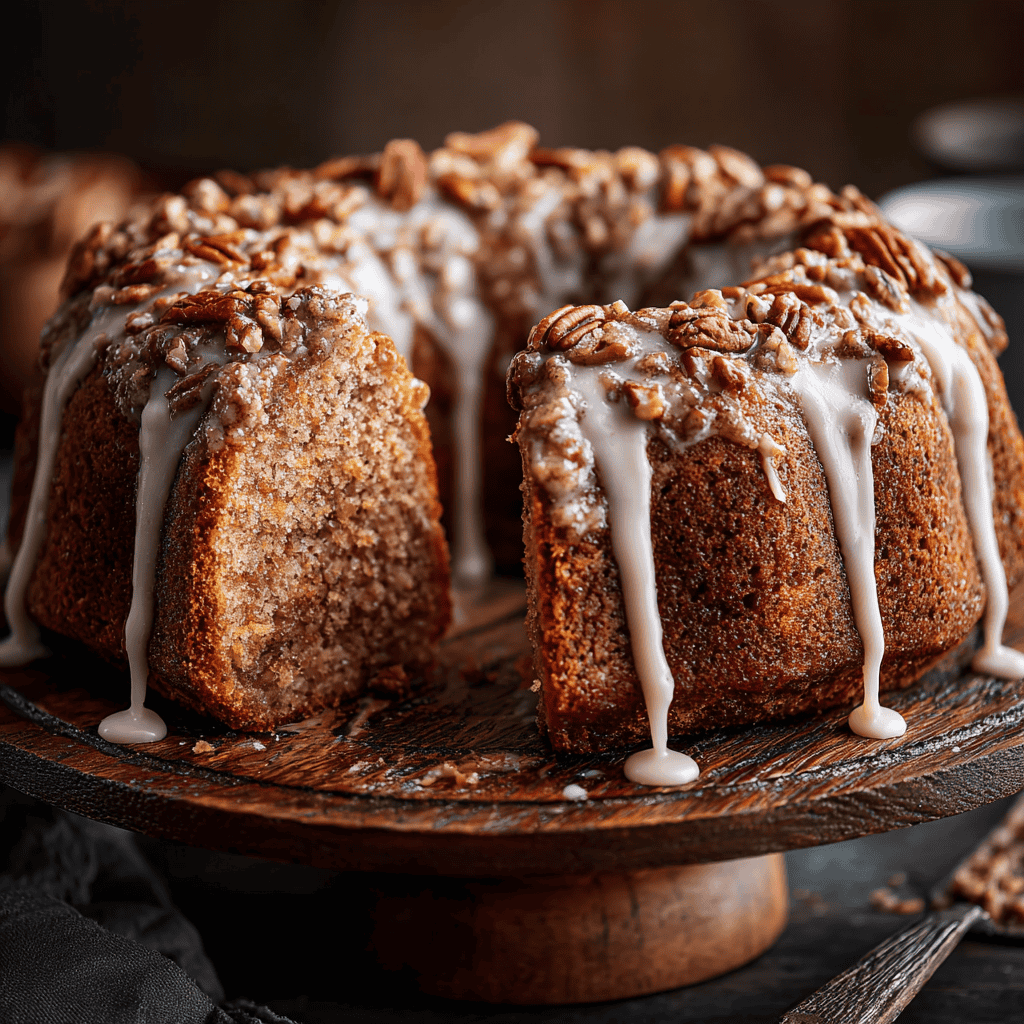 Moist cinnamon pecan coffee cake topped with chopped pecans and vanilla glaze, displayed on a rustic wooden cake stand with a slice cut out