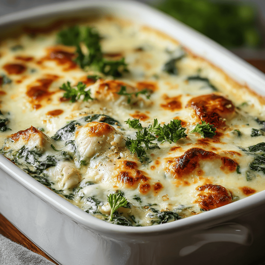 Golden baked creamy spinach chicken casserole topped with melted cheese and parsley in a white ceramic dish