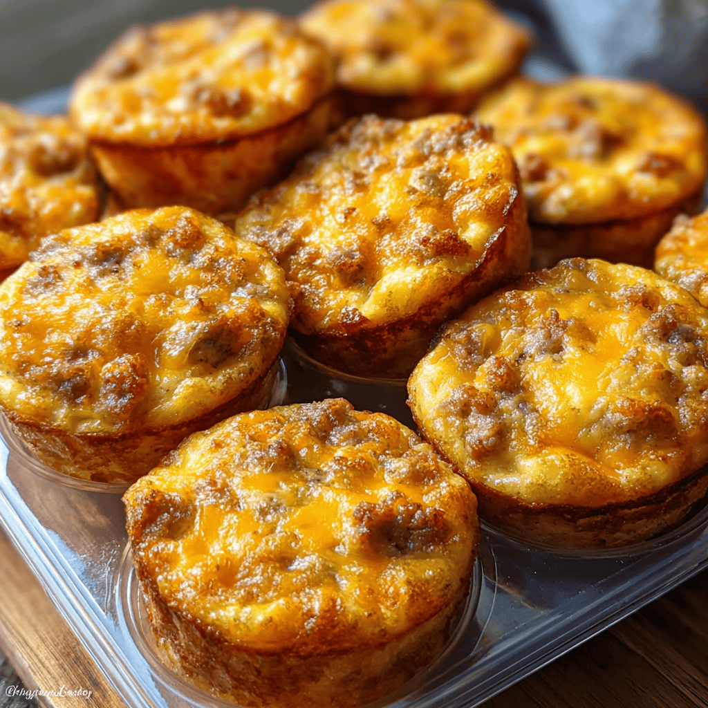 Cheesy and savory high-protein pancake sausage muffins packed with sausage and eggs, ideal for grab-and-go breakfasts.