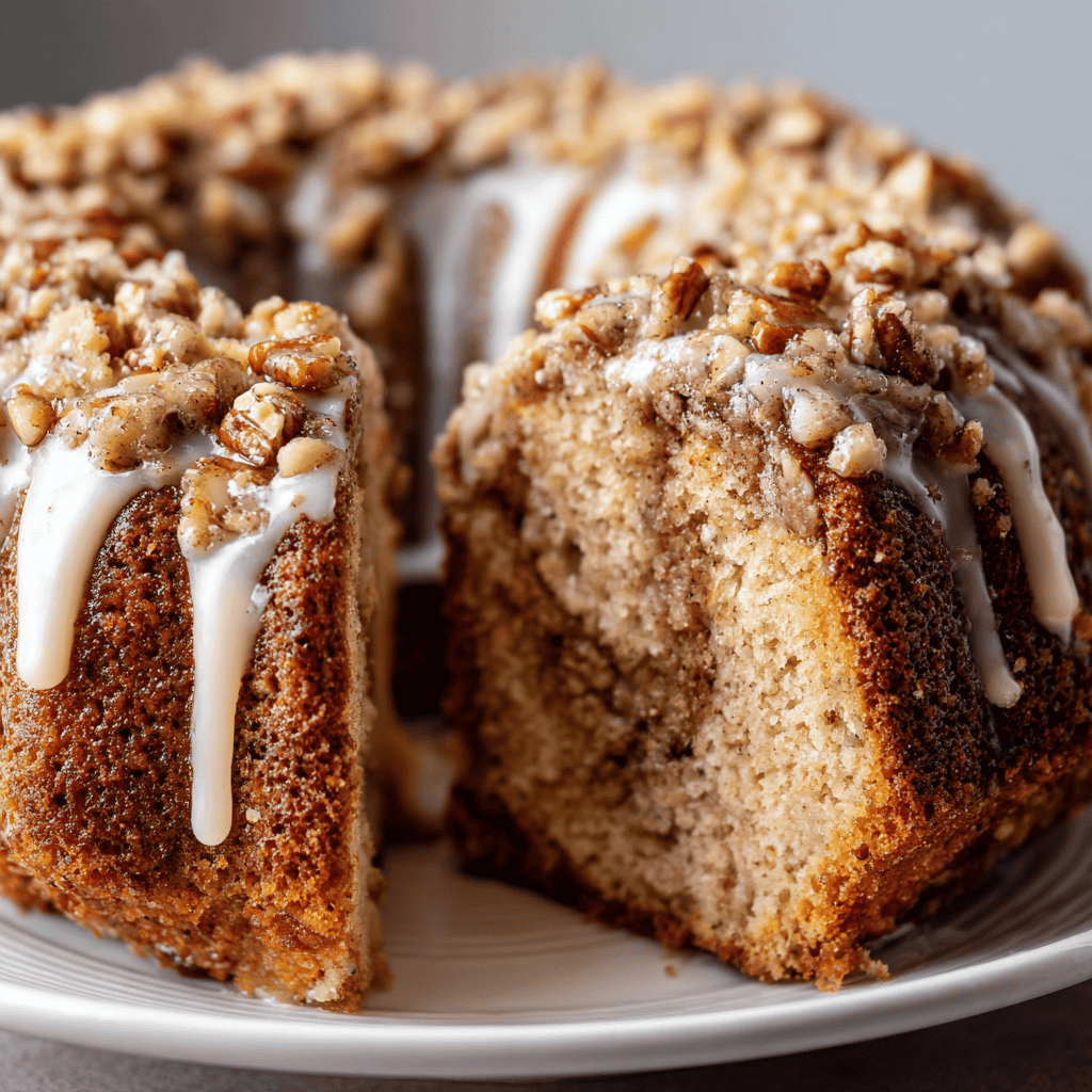 Cinnamon Pecan Coffee Cake: A Deliciously Spiced Classic 4 Close-up of a sliced cinnamon pecan coffee cake on a white plate, showing soft crumb texture, pecan streusel topping, and drizzled vanilla glaze