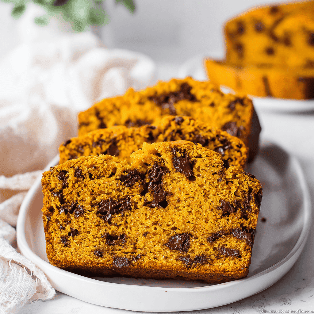 Pumpkin Bread with Chocolate Chips – Easy & Delicious 6 Close-up of chocolate chip pumpkin bread slices on a white plate, showing moist crumb and melted chocolate chips throughout the bright orange interior.