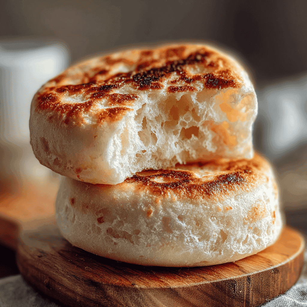 How to Make Perfect Sourdough Discard English Muffins (No Proofing Needed) 4 Stacked sourdough discard English muffins showing airy texture and crisp golden crust