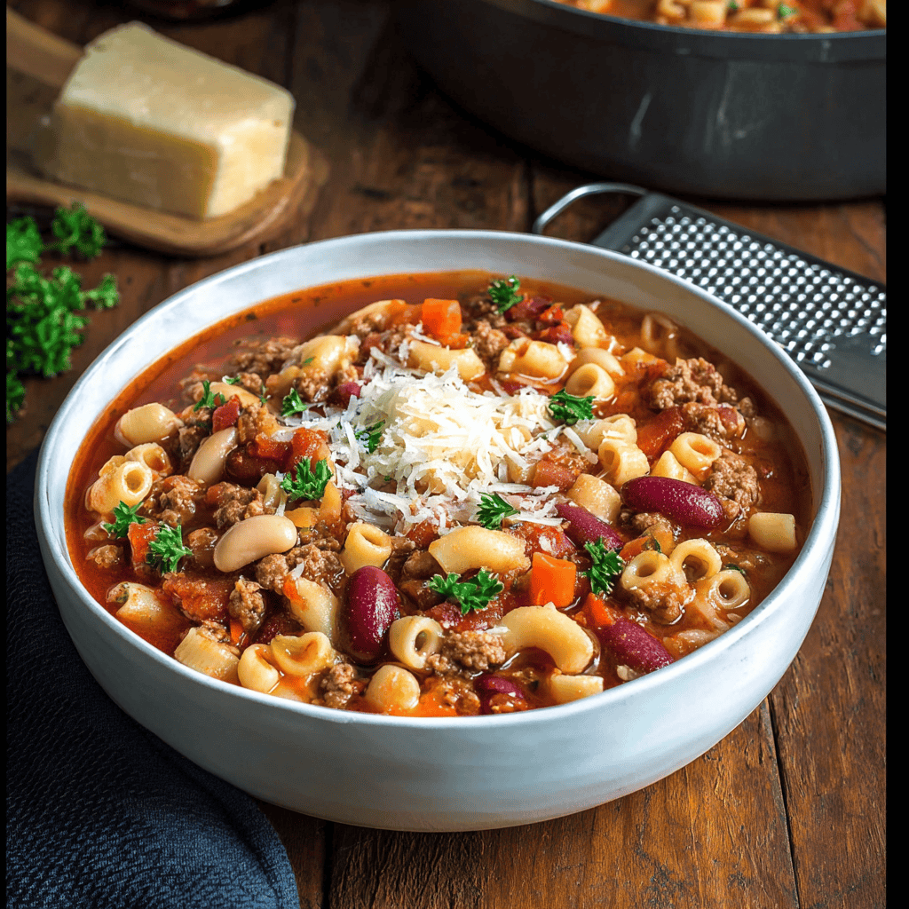 A bowl of Copycat Olive Garden Pasta e Fagioli topped with Parmesan cheese and parsley, surrounded by a cheese wedge and grater on a rustic table.