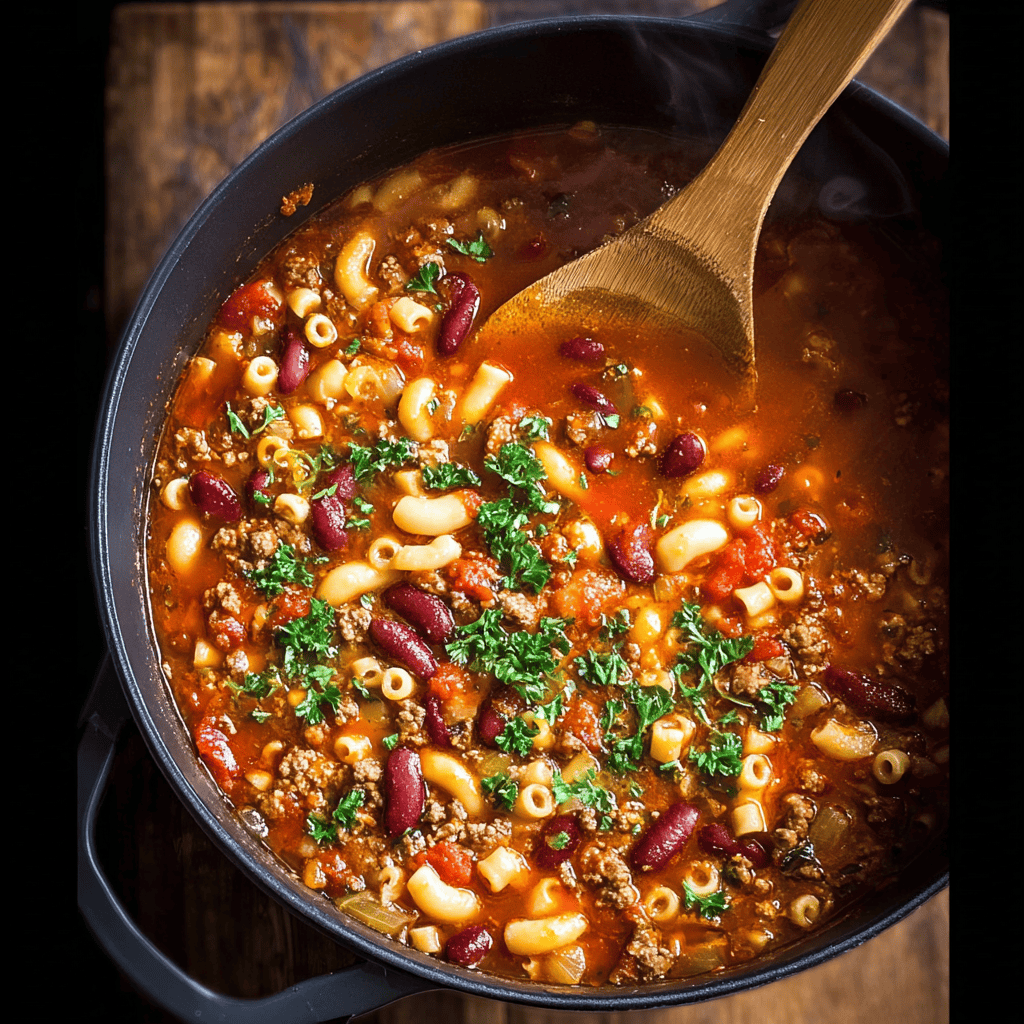 A large pot filled with Copycat Olive Garden Pasta e Fagioli, showing ditalini pasta, beans, ground beef, and fresh herbs in a tomato-based broth.