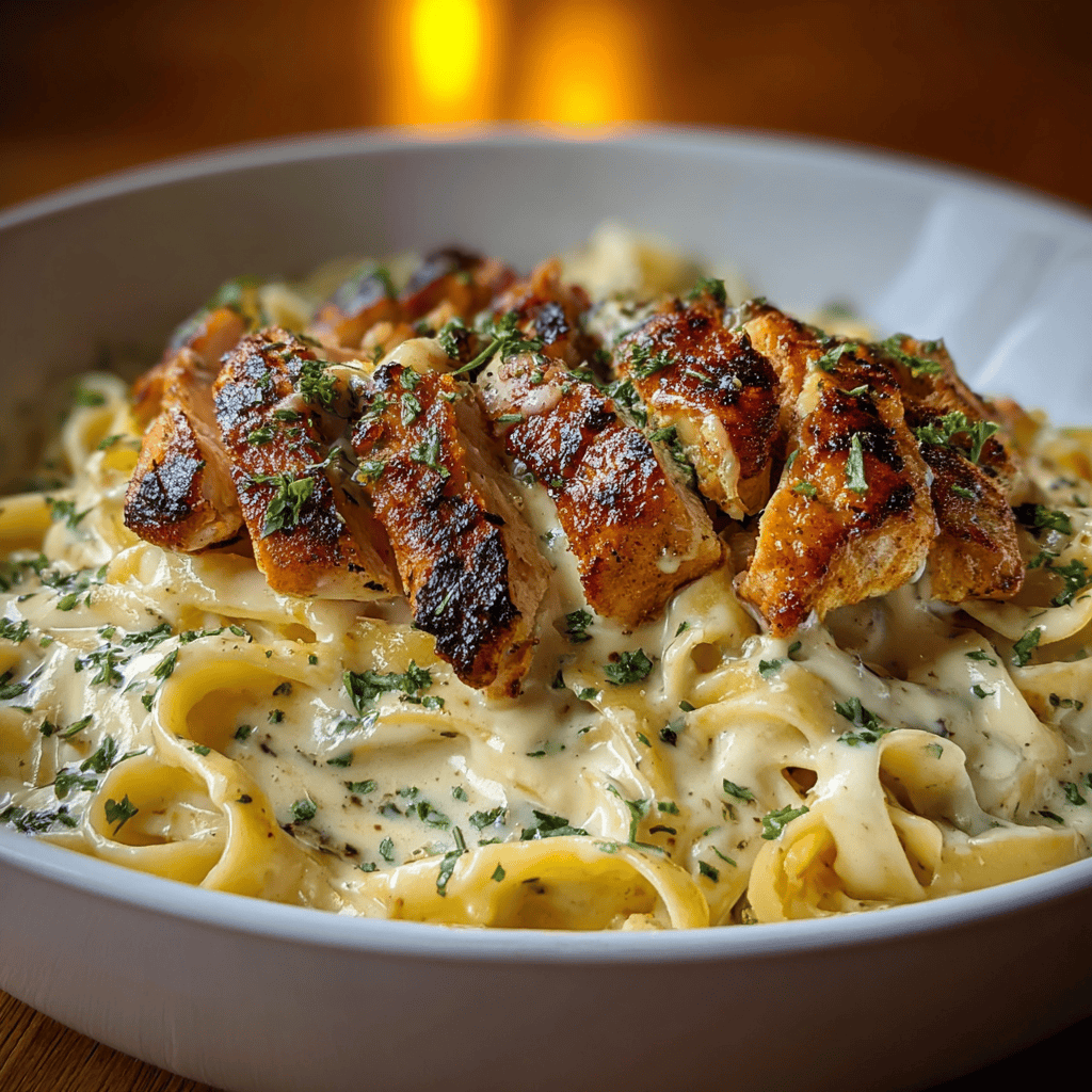 Bowl of chicken with buttered noodles topped with pan-seared chicken and creamy garlic butter sauce