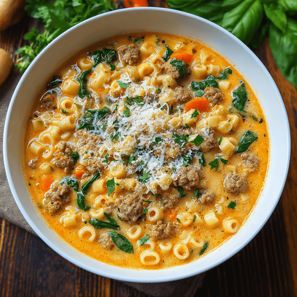 Creamy Parmesan Italian Sausage Ditalini Soup 3 Close-up of creamy Parmesan Italian sausage ditalini soup with carrots, spinach, and pasta in a white bowl, topped with fresh parsley and cheese.