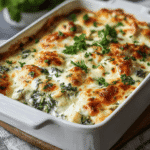 Creamy Spinach Chicken Casserole – Easy, Cheesy, and Perfect for Weeknights 5 Cheesy creamy spinach chicken casserole with golden-brown crust and fresh herbs served in a baking dish