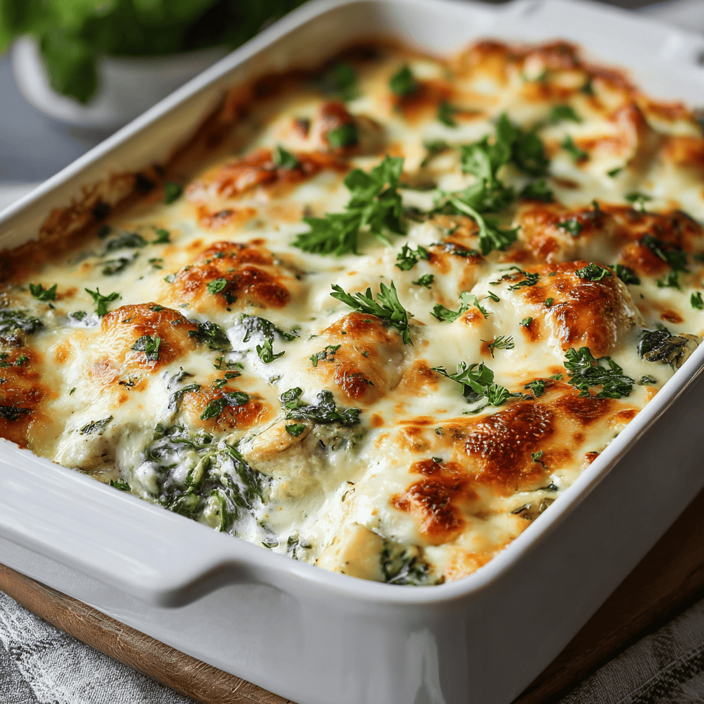 Creamy Spinach Chicken Casserole – Easy, Cheesy, and Perfect for Weeknights 4 Cheesy creamy spinach chicken casserole with golden-brown crust and fresh herbs served in a baking dish