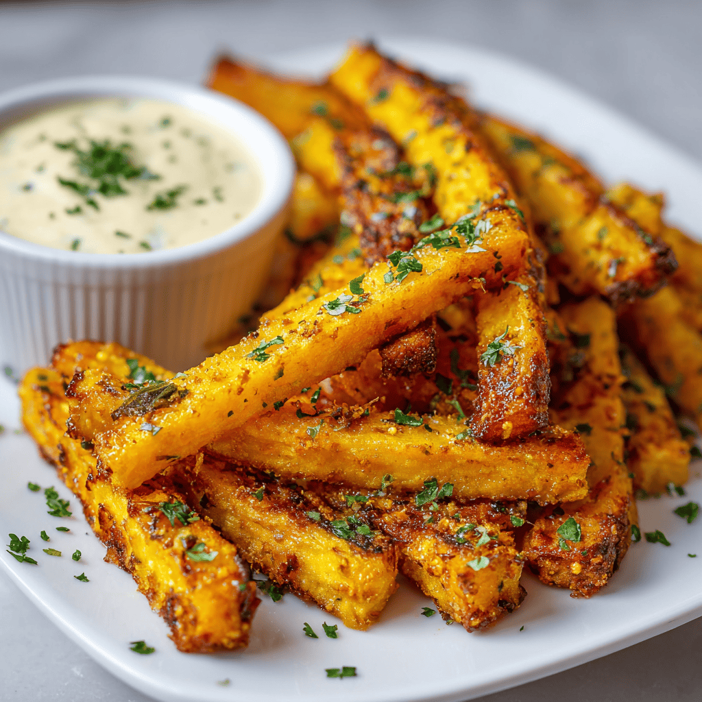 Close-up of crispy air fryer butternut squash fries served with garlic aioli dipping sauce