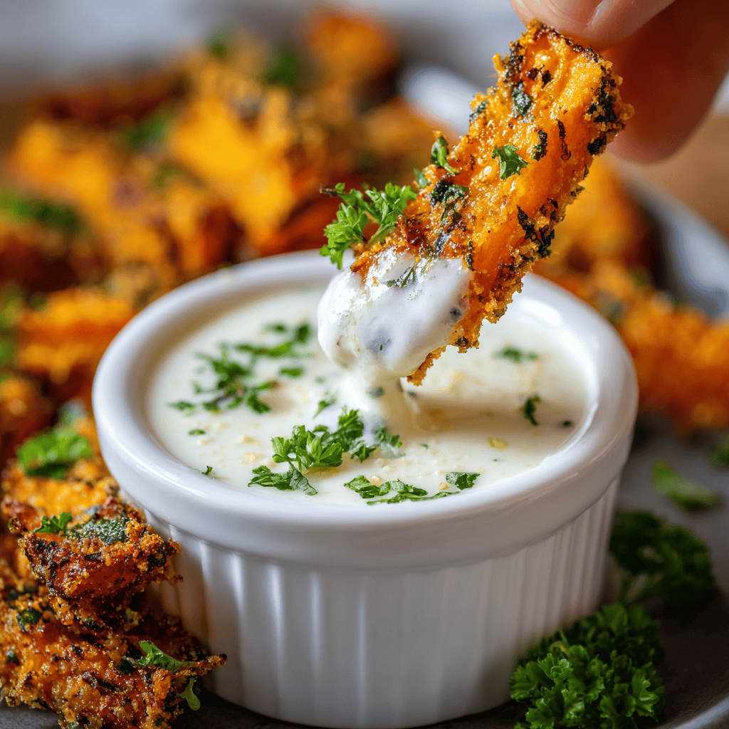Air Fryer Butternut Squash Fries: Crispy, Healthy, and Delicious 6 Hand dipping a crispy air fryer butternut squash fry into white ranch sauce with parsley