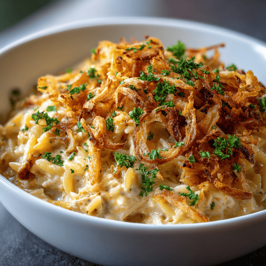 Close-up of French Onion Chicken Orzo Bake in a white bowl, garnished with crispy fried onions and fresh parsley