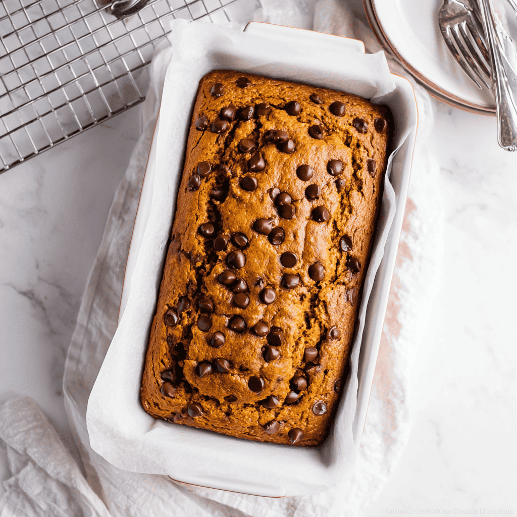 Golden brown chocolate chip pumpkin bread fresh out of the oven in a ceramic loaf pan, topped with melty chocolate chips.