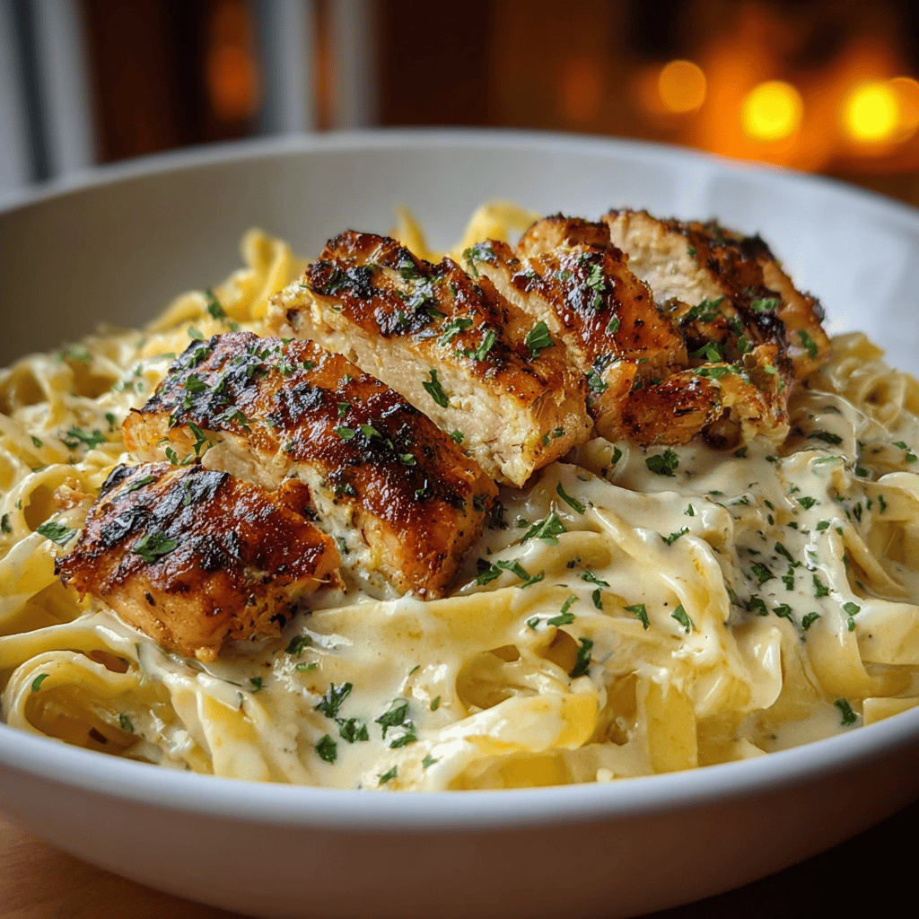 Chicken with Buttered Noodles: The Ultimate Comfort Food Recipe 4 Close-up of grilled chicken slices served over creamy buttered noodles with garlic sauce and fresh parsley